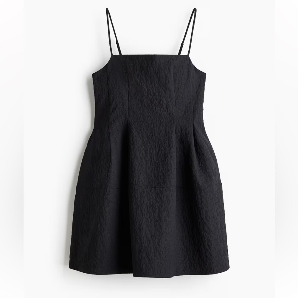 H&M Black Textured Spaghetti-Strap Mini Dress
